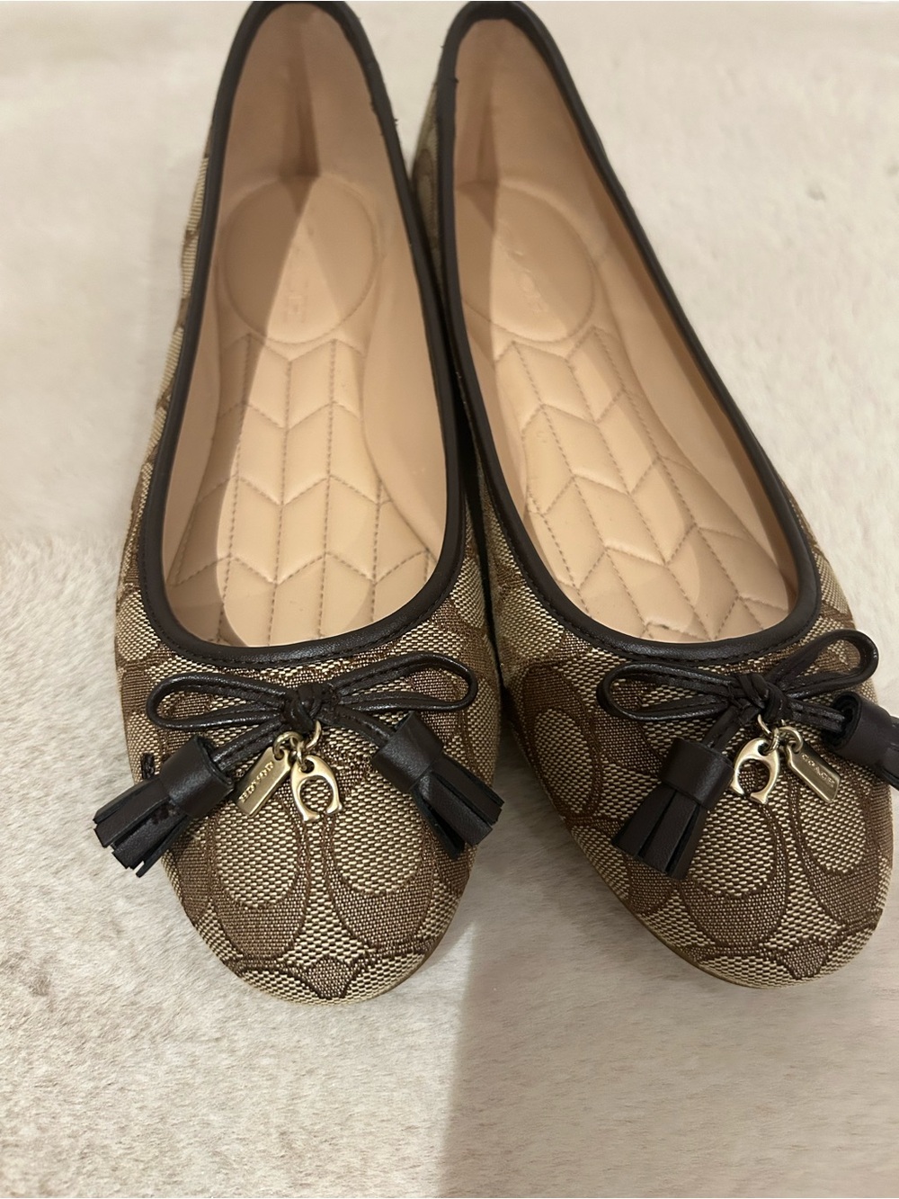 Coach Brown Signature Canvas Ballet Flats with Tassel Charm